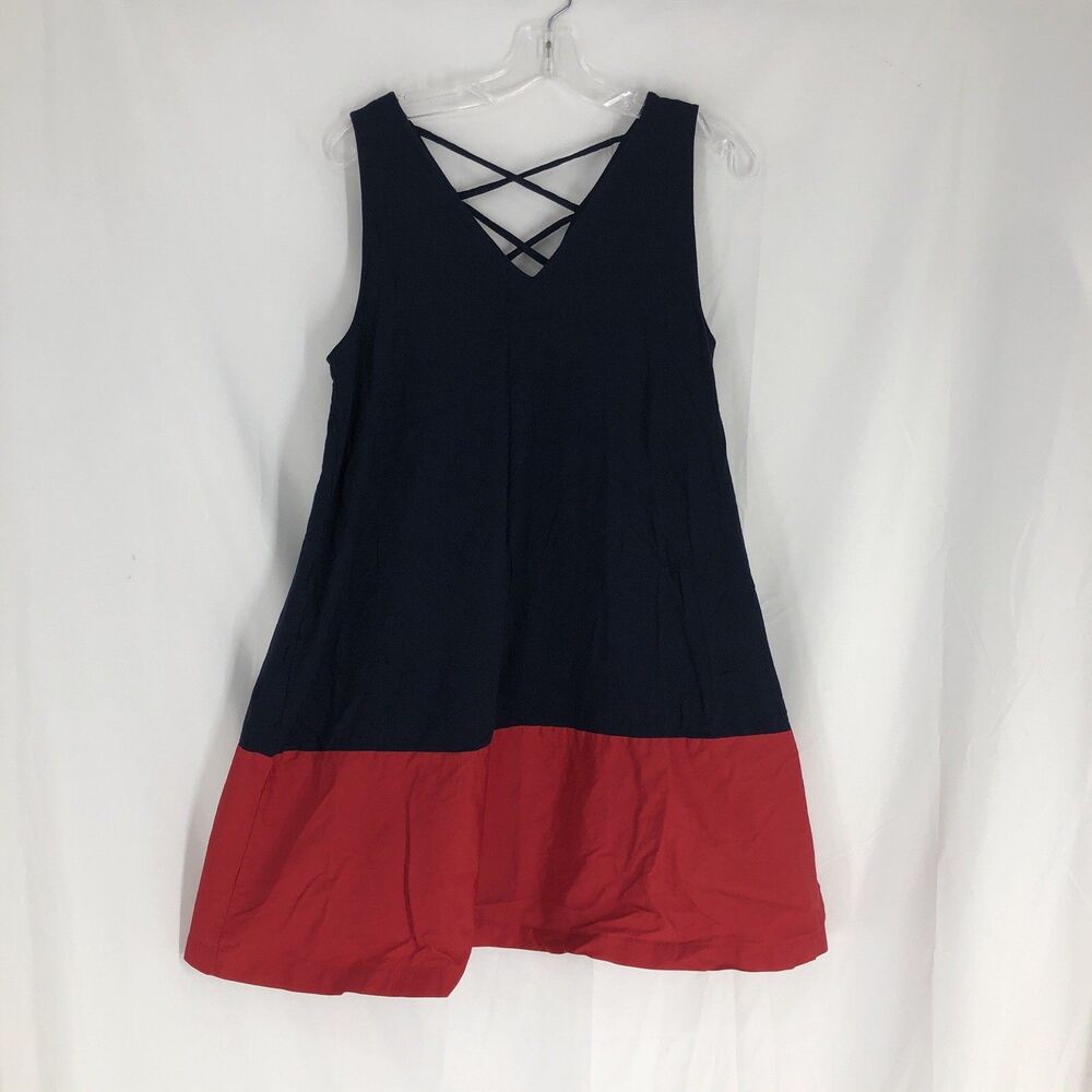 LOFT Colorblock Strappy Crisscross Back Knit Dress Navy Blue Red Size M Medium